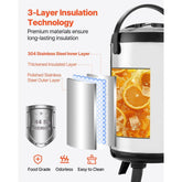 Insulated Beverage Dispenser, 2 Gal/7.6L Stainless Steel Thermal Drink Server with Spigot & Temp Display, Suitable for Hot and Cold Drinks, for Tea Coffee Water in Cafes & Restaurants, Silver